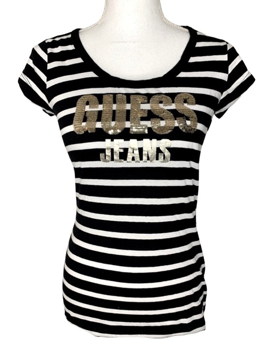 Guess Tops - Guess Women Black White Stripe Gold Sequin Logo T-shirt Size Medium